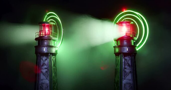 Futuristic green lights with smoke in a dark setting, creating a mysterious atmosphere