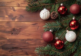 Red, White, and Silver Christmas Ornaments with Pine on Dark Wood Background