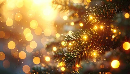 Sparkling Christmas tree with warm golden lights, a festive, bright holiday image