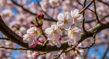 Close up of cherry blossoms on a branch with a blurred background in the spring season outdoors