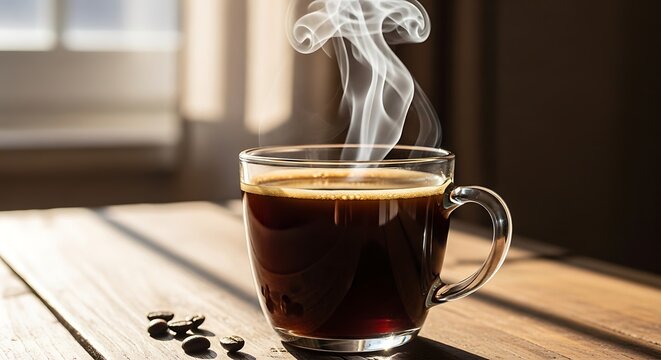 Steaming cup of dark coffee in a clear glass mug with coffee beans on a wooden table surface - Powered by Adobe