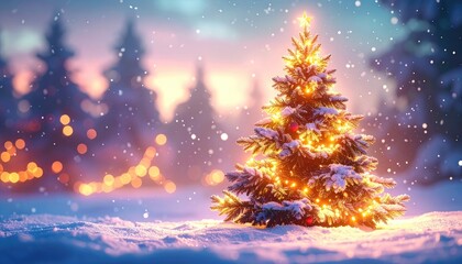 Naklejka premium Winter wonderland scene snow-covered Christmas tree glows