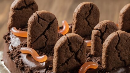 A close-up of a chocolate cake decorated with cookies, resembling a graveyard scene