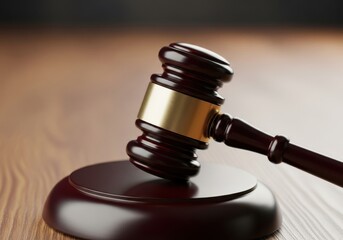 A dark wooden gavel rests on its sounding block on a wooden surface