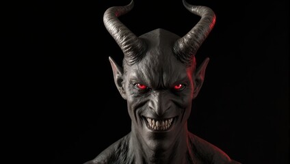 A close-up of a demonic figure with horns, glowing eyes, and a sinister grin