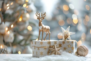 Christmas Reindeer Figurine, Rustic Gifts, and Star with Warm Bokeh Lights