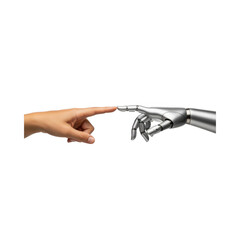 Human hand touching robotic hand finger to finger. Concept of AI connection digital innovation interaction between man and machine and future technology.