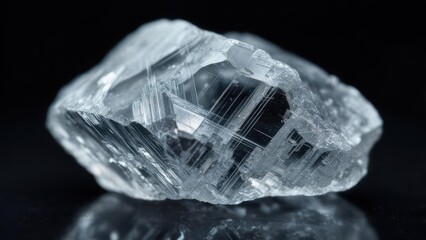 A close-up of a raw, uncut crystal with internal striations, gleaming against a black background