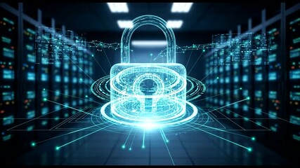 Digital Data Protection Concept: Secure Server Room with Padlock and Cyber Security - Powered by Adobe