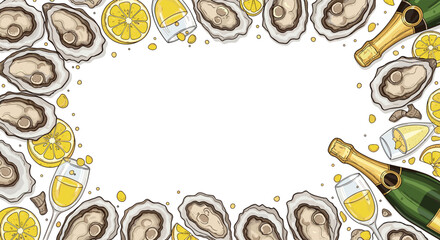 A festive arrangement of fresh oysters and bubbly champagne glasses with lemon slices on a white background.
