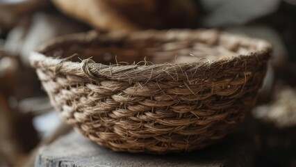 A close-up of a rustic woven basket, focusing on the texture of the natural fibers