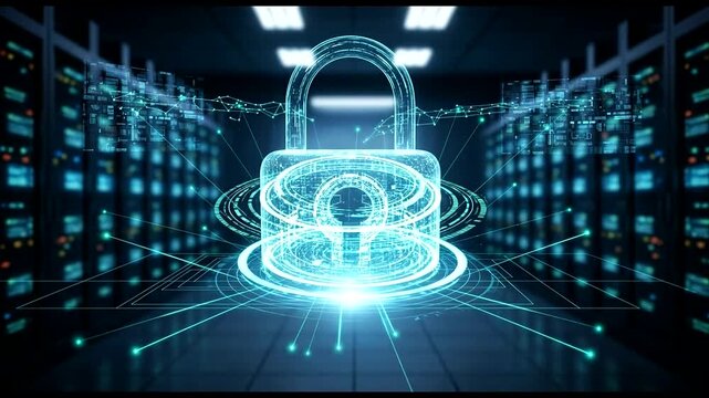 Digital Data Protection Concept: Secure Server Room with Padlock and Cyber Security