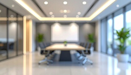 Blurred background of a modern conference room in a contemporary office setting. 