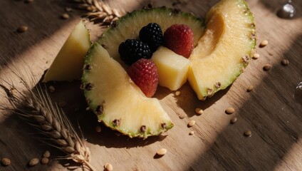 A close-up of sliced pineapple, berries, and other cut fruits on a wooden surface