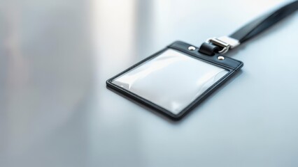 A close-up of an empty, clear ID badge on a reflective surface with a black lanyard