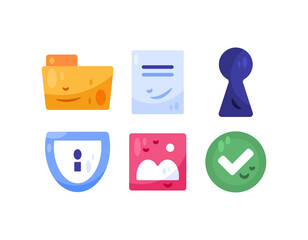 A collection or set of file security themed illustrations. Illustrations of folders, shields, checkmarks, image symbols, documents, keyholes. Flat style design. Elements, assets, white background.