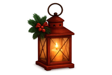 Christmas lantern with burning candle and festive decoration