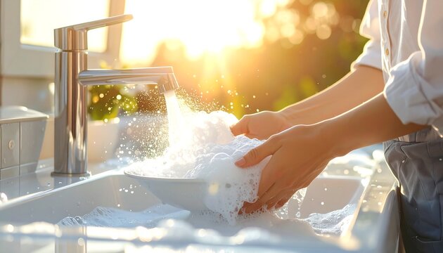 Washing dishes with soapy water in a sink