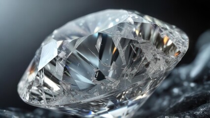 A close-up view of a sparkling, faceted gemstone, catching light and reflecting colors