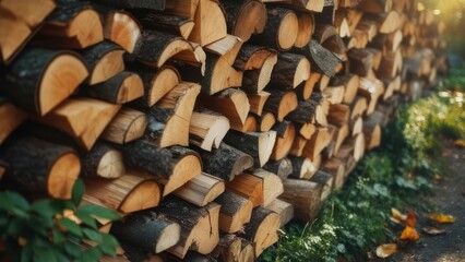 A close-up view of a stacked pile of firewood, showing cut ends, bark, and sunlight