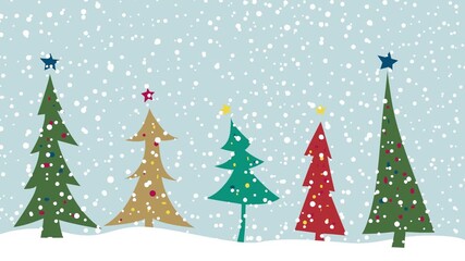 Five decorated christmas trees standing in the snow with snow falling and stars on top of each tree - Powered by Adobe