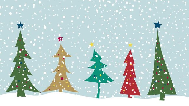 Five decorated christmas trees standing in the snow with snow falling and stars on top of each tree