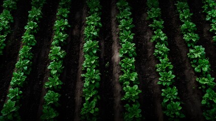 Fototapeta premium Overhead view of young green crops in neat rows on dark fertile soil symbolizing agricultural growth and nurturing