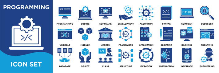programming icon collection set. Containing programming, coding, software, development, algorithm and logic icon. solid vector.	