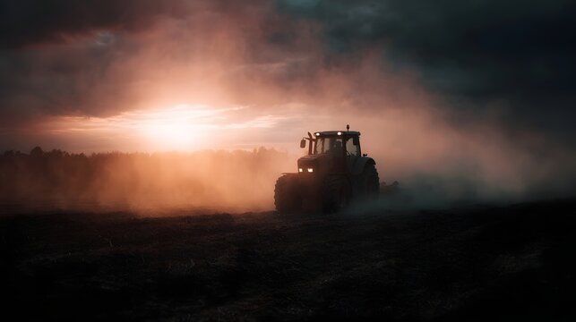 A tractor plows a dusty field under a dramatic sunset sky bathed in warm cinematic light