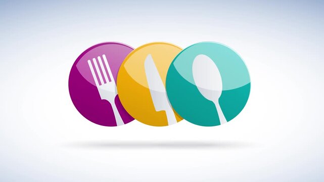 Colorful overlapping circles containing fork, knife and spoon icons representing catering, food and restaurant industry