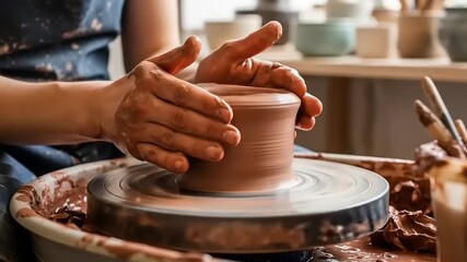Skilled artisan shaping a clay pot on a pottery wheel in a sunlit studio filled with tools - Powered by Adobe
