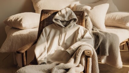 A cozy scene, a neutral hoodie rests in a wooden chair with blankets and pillows