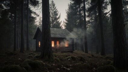 A cozy, rustic cabin with glowing windows nestled amidst a dark, misty forest