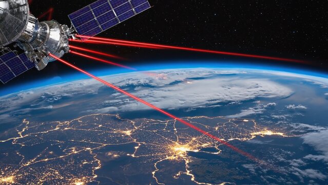A futuristic satellite in low Earth orbit projecting powerful red laser beams toward illuminated continents below, advanced technology, communication, defense, energy transfer and space innovation.
