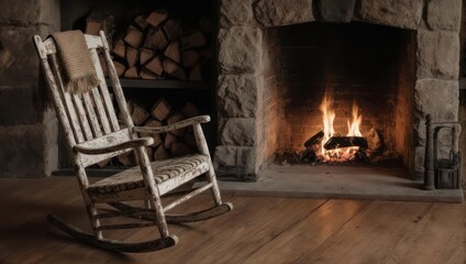 A cozy scene with a rocking chair by a fireplace, fire burning, logs, & wood floor