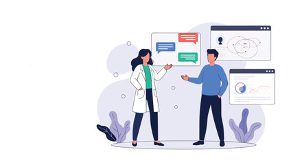 Two people discuss a project using online collaboration tools.