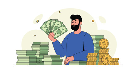 A man is holding cash in his hand while standing next to stacks of money.