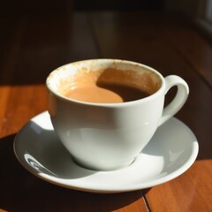 A white coffee cup with a brown liquid in it sits on a white saucer