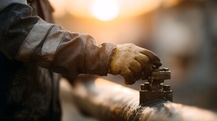 Close up of a worker s gloved hand turning a valve on a rugged industrial pipeline during golden hour