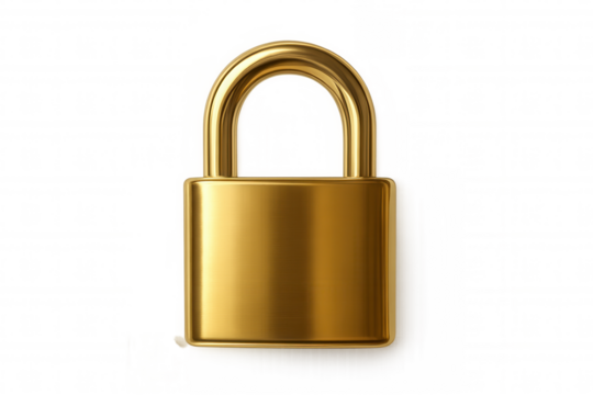 Shiny gold padlock ensuring security, privacy, and safe locking to prevent unauthorized entry, showcased on a clear background