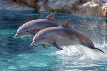 Dolphins leap gracefully from the water in synchronized harmony during a brilliant day under the sun at a vibrant marine habitat