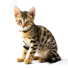 A cat with a greenish-blue eye sits on a white background