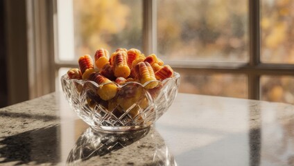 A crystal bowl filled with colorful, oblong candies sits near a sunlit window