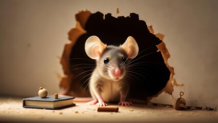 A curious mouse peeks out from its hole in a wall, miniature objects near by