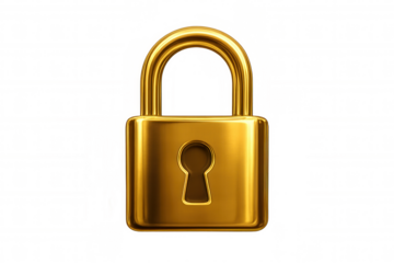 Golden padlock representing safety, security, privacy, data protection, and digital locking system on transparent background