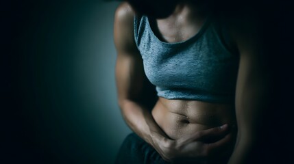 Naklejka premium Close up of a sweaty fit person s torso holding their abdomen in a dimly lit dramatic setting