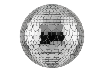 Sparkling disco ball with heart accents, mirror ball, party decoration, celebration, valentines, isolated on transparent background
