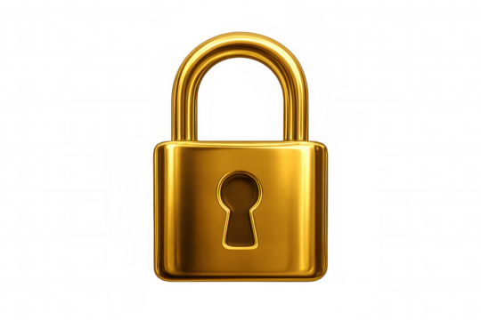 Golden padlock representing safety, security, privacy, data protection, and digital locking system on transparent background
