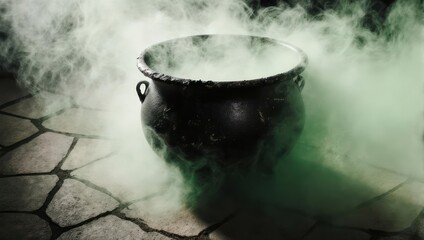 A dark, old cauldron, steaming with eerie green vapor, rests on a textured stone floor