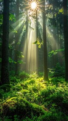 Obraz premium Sunlight streams through a dense forest canopy, illuminating lush green undergrowth